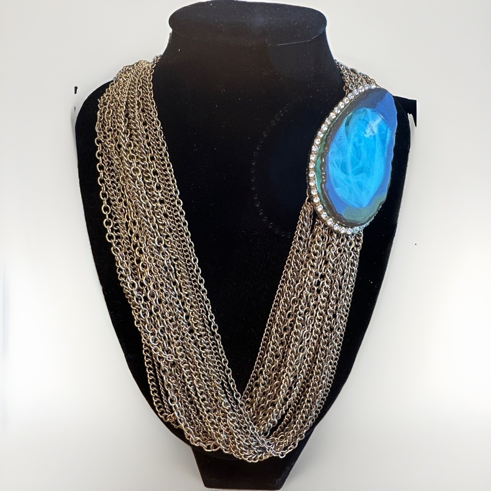 Multi Strand Beaded Statement Silver Chain necklace Blue Agate Druzy Pendant
